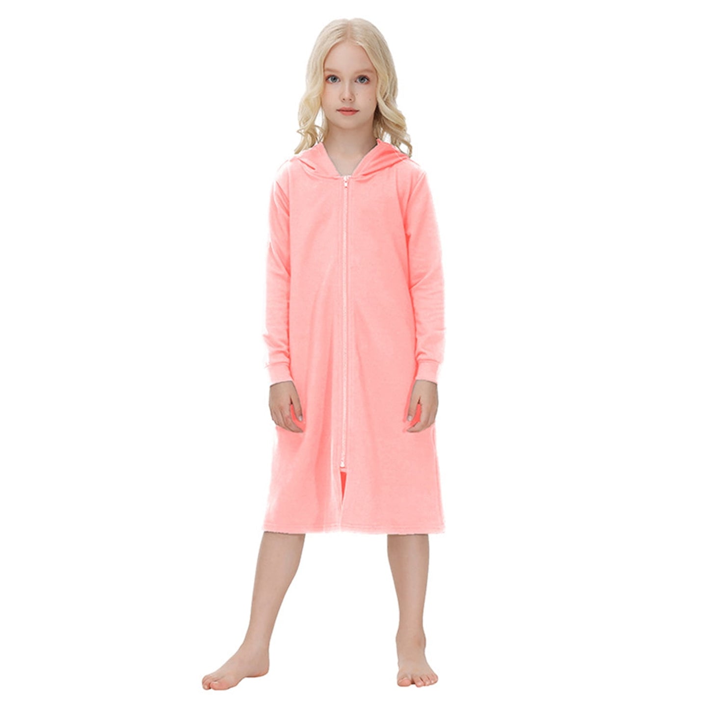 Girls Zipper Front Robes Long Sleeve Hooded Housecoat Long Housedress Loose Bathrobes Comfy Pajama Sleepwear