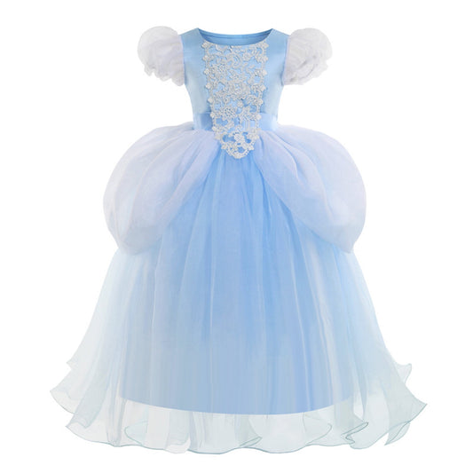 HAWEE Princess Blue Dress for Girls Puffy Sleeve Princess Costume Halloween Cosplay Party Fancy Dress(2-12Y)