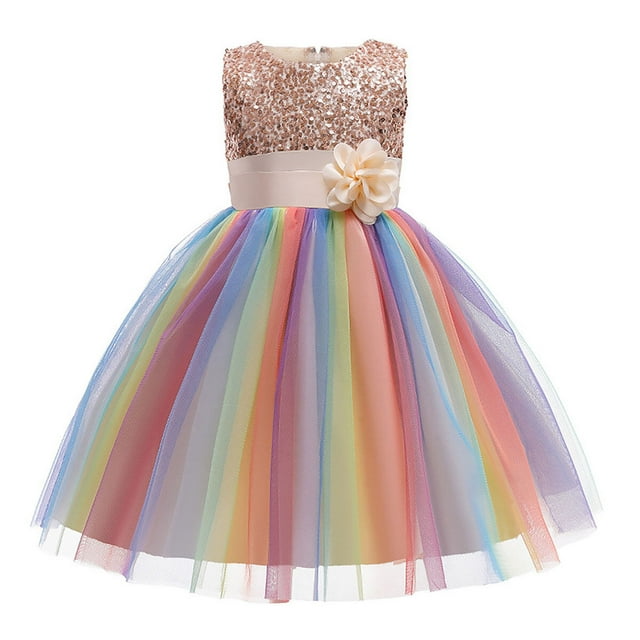 LOEL Flower Girls Sequin Dress Rainbow Tutu Birthday Party Princess Dress Pageant Gown for Age 3-10 Years Old