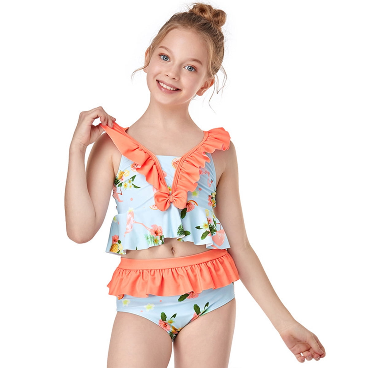 LOEL Girls One Piece Swimsuit Floral Beach Bathing Suit Ruffle Bikini Tankini Kids Cute One Piece Swimwear