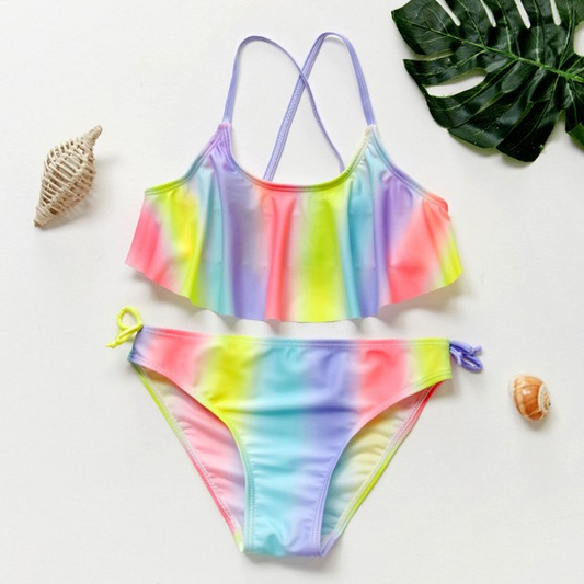 LOEL Girls Two Piece Swimsuits Bikini Set Rainbow Strips Bikini Swimwear Summer Beach Bathing Suit