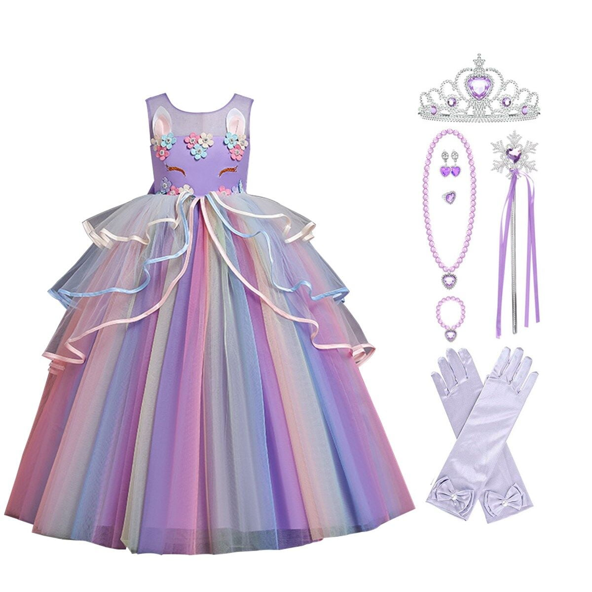 LOEL Girls Unicorn Princess Dress Fancy Party Costume Dress up Wedding Birthday Party Gown for Age 3-14 Years Old