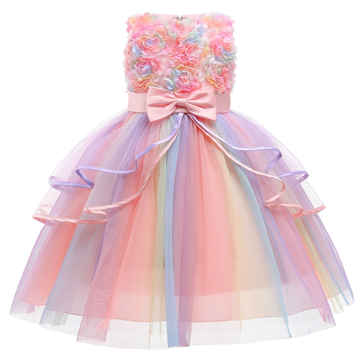 LOEL Kids Flower Dresses For Baby Girls Elegant Wedding Princess Dress Ceremony Party Rainbow Tutu Ball Gown