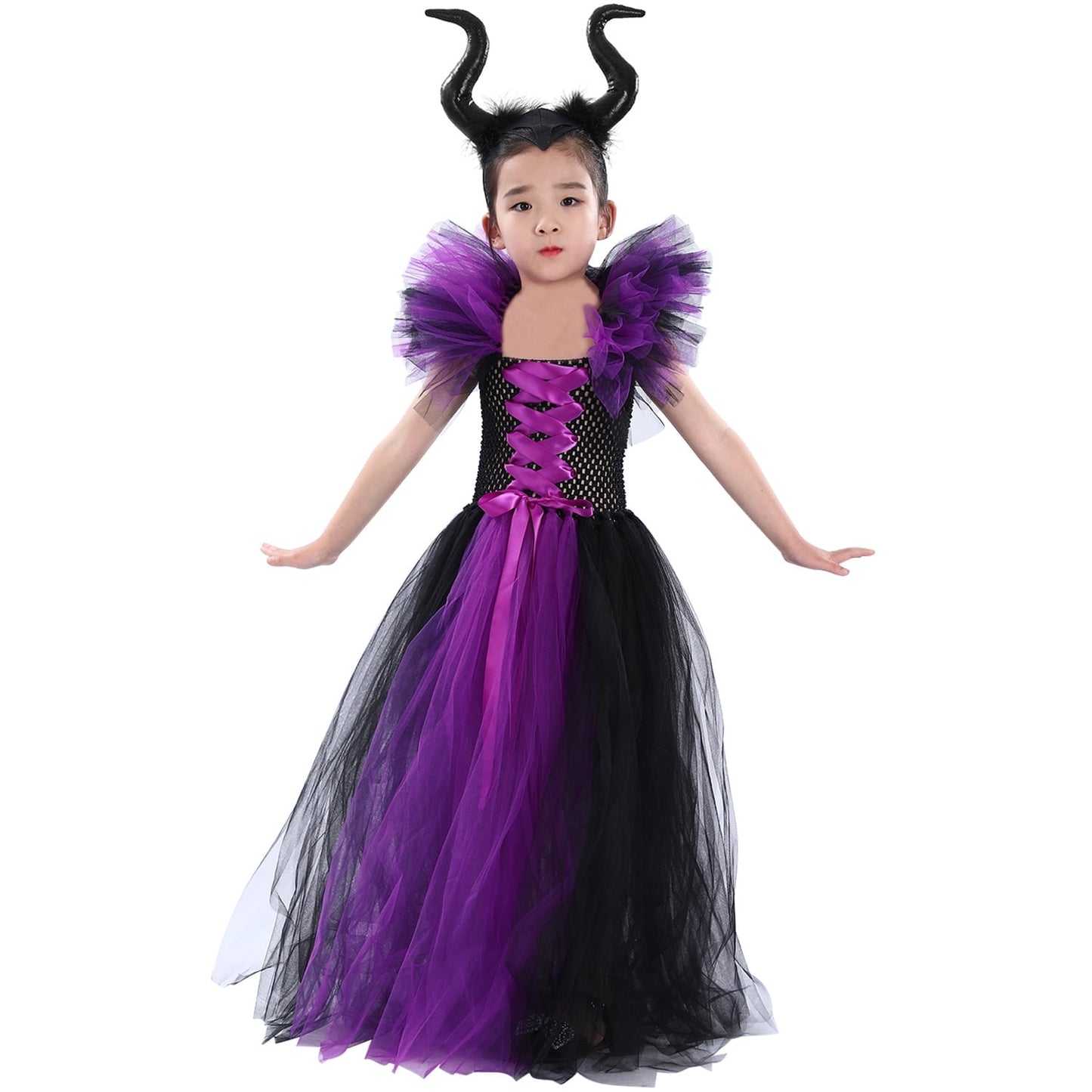 KAWELL Halloween Maleficent witch dress with headband set vampire witch costume 1-12 years old