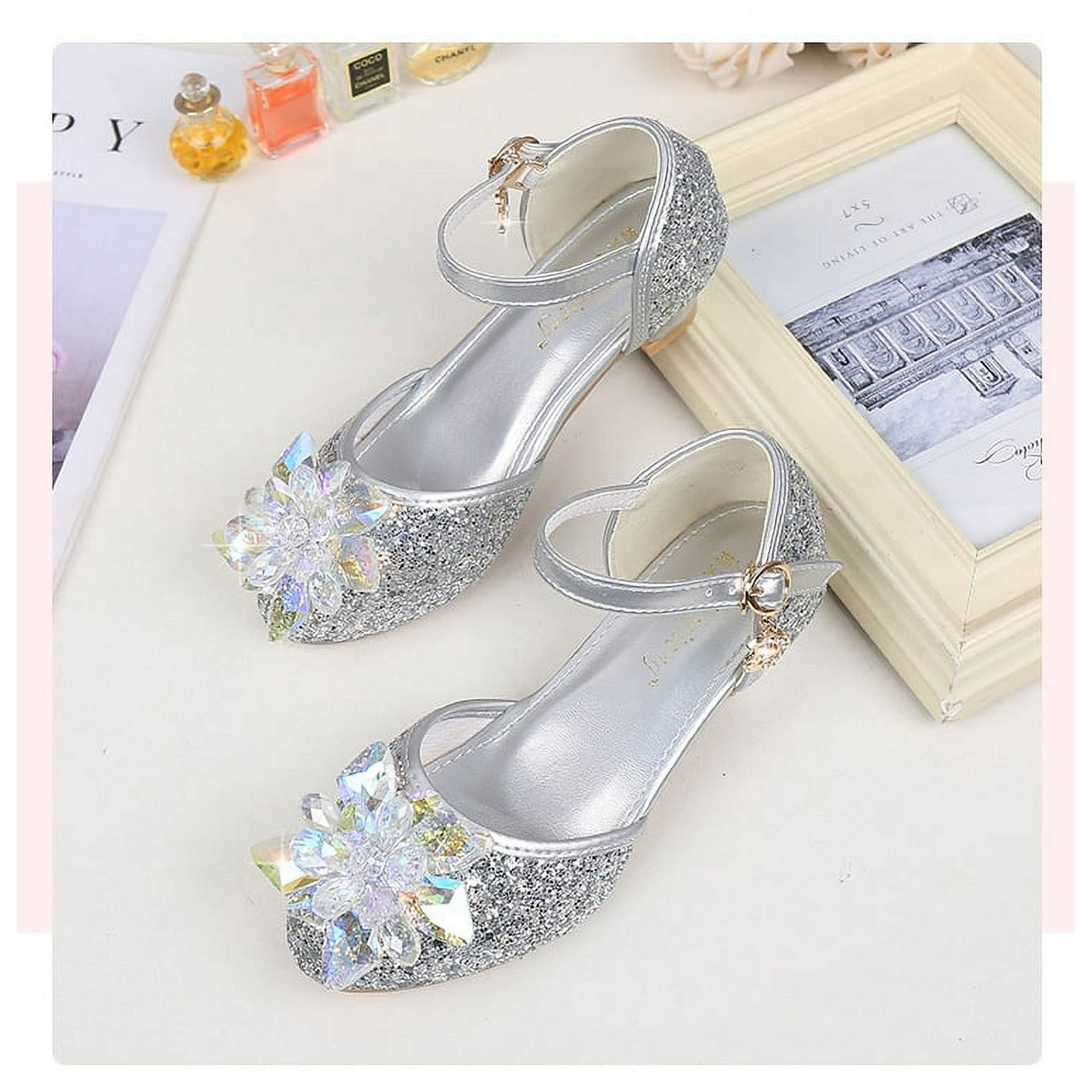 LOEL Girls Dress-up Glittering Crystal Blossom Pumps with Heels Princess Shoes