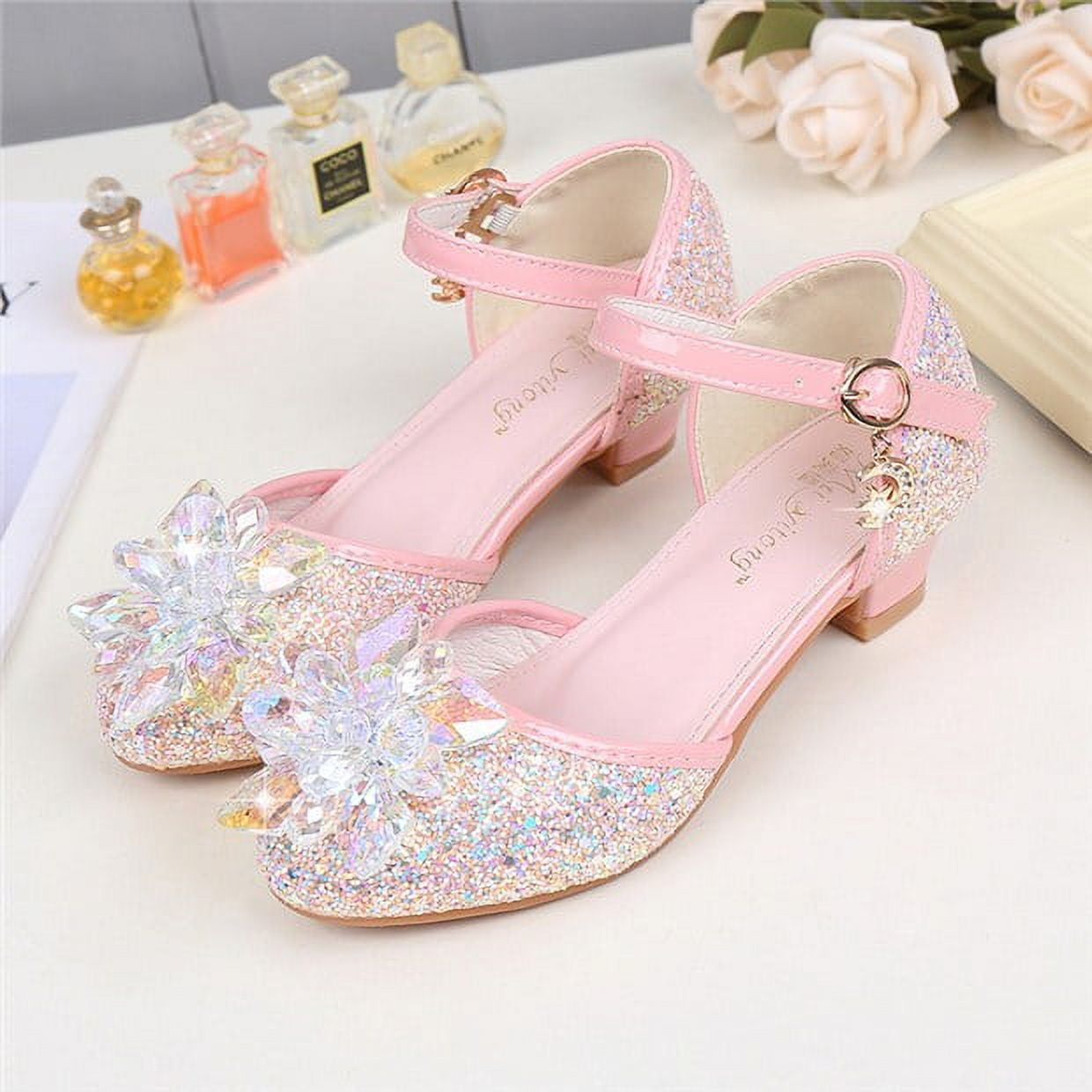 LOEL Girls Dress-up Glittering Crystal Blossom Pumps with Heels Princess Shoes