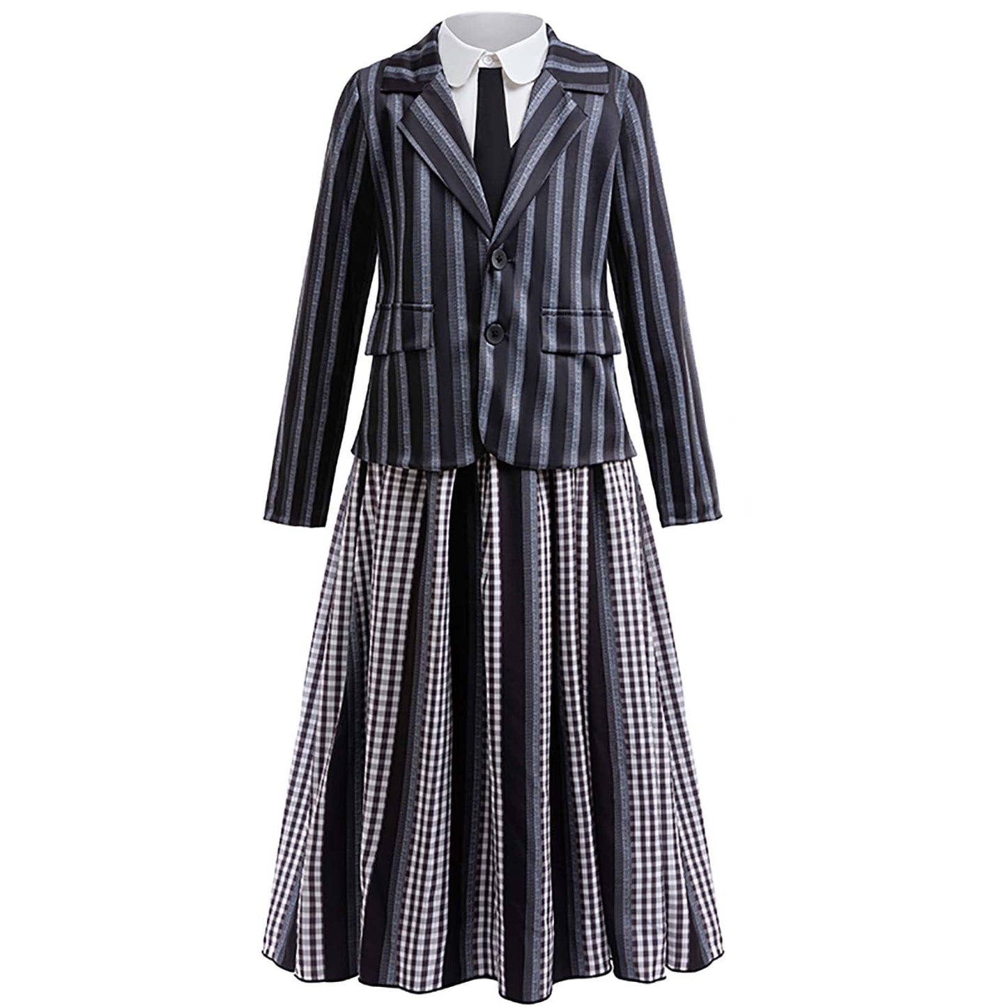 KAWELL Addams Costume for Girls, Academy Uniform Outfits Cosplay with Black Wig, Pleated Skirt Girl's Stripes Suits Sets for Halloween