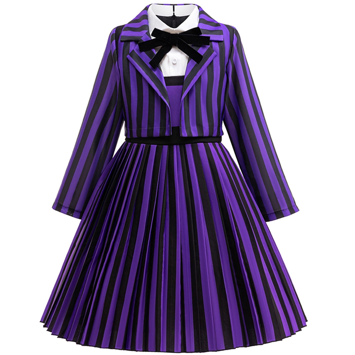 KAWELL Enid Costume for Girls, Addams Academy Uniform Outfits Cosplay with Pink Blue Wig, Pleated Dress Girl's Stripes Suits Sets for Halloween