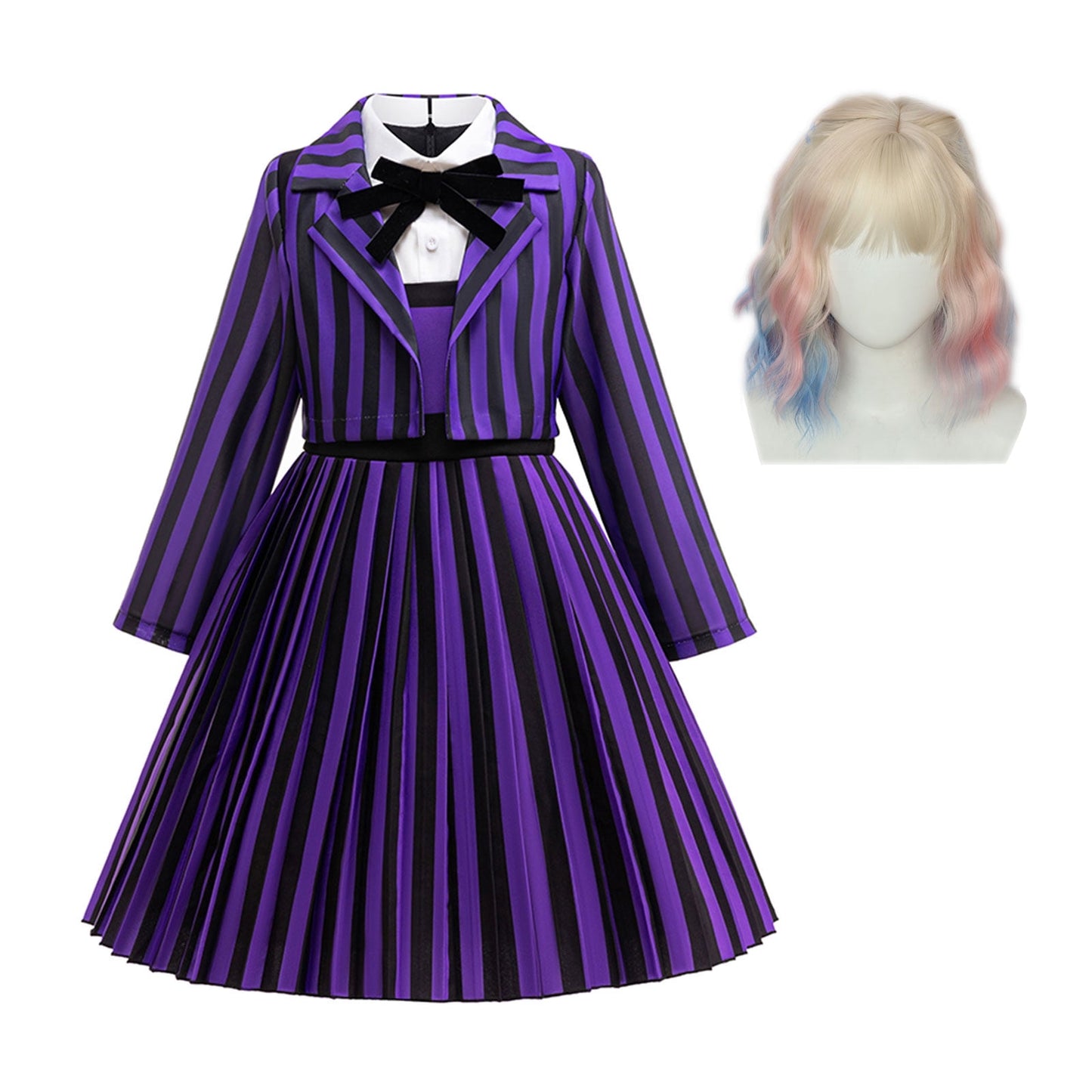 KAWELL Enid Costume for Girls, Addams Academy Uniform Outfits Cosplay with Pink Blue Wig, Pleated Dress Girl's Stripes Suits Sets for Halloween