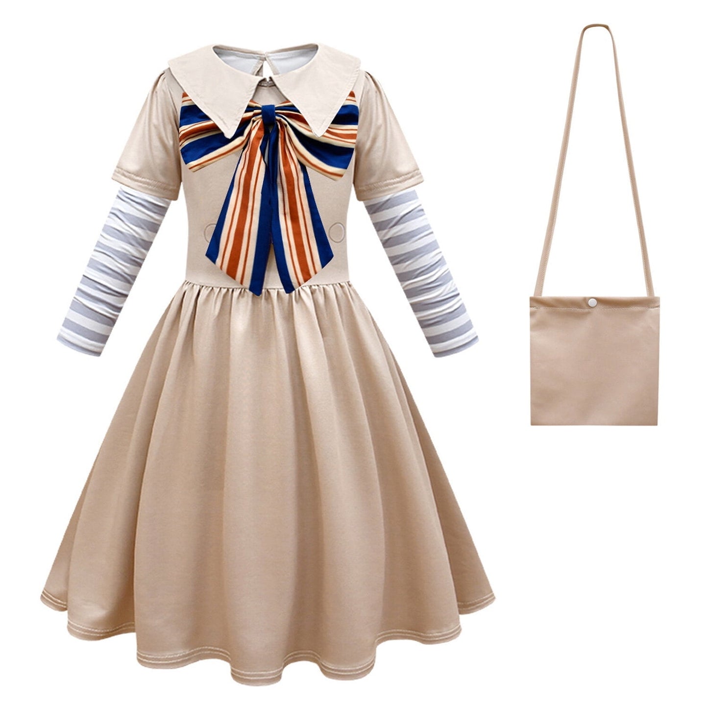 KAWELL Khaki Costume for Girls Fancy Costumes Uniform Dress Halloween Outfit With Bow Sleeves Bag and Wigs