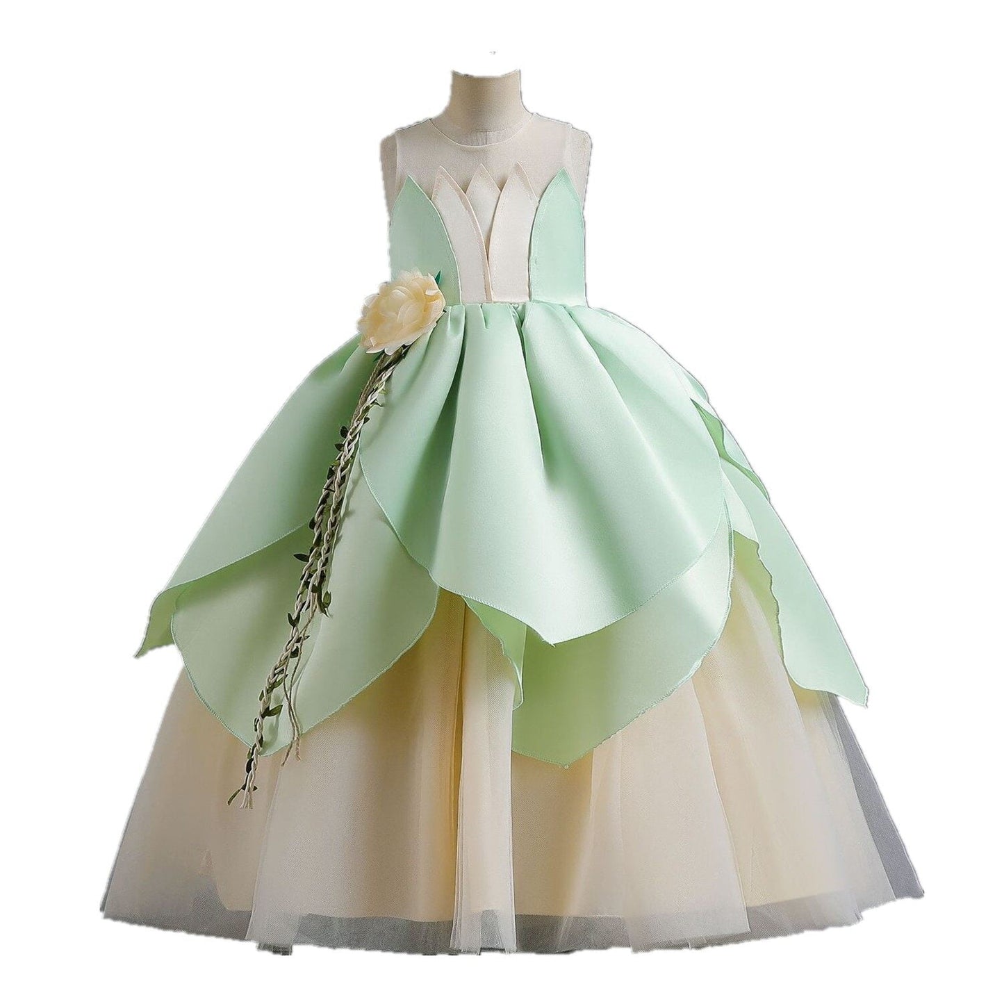 KAWELL Princess Tiana Costume for Girls Birthday Halloween Dress Up Outfits with Accessories