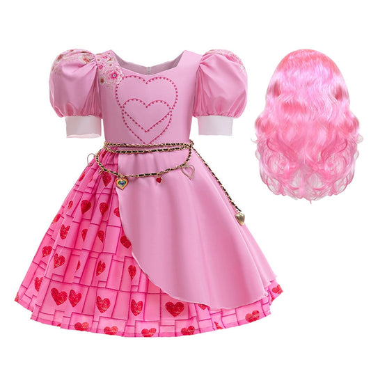 KAWELL Pink Costume for Girls Halloween Kids Princess Rise Red Pink Heart Dress with Wig Clothes Outfit