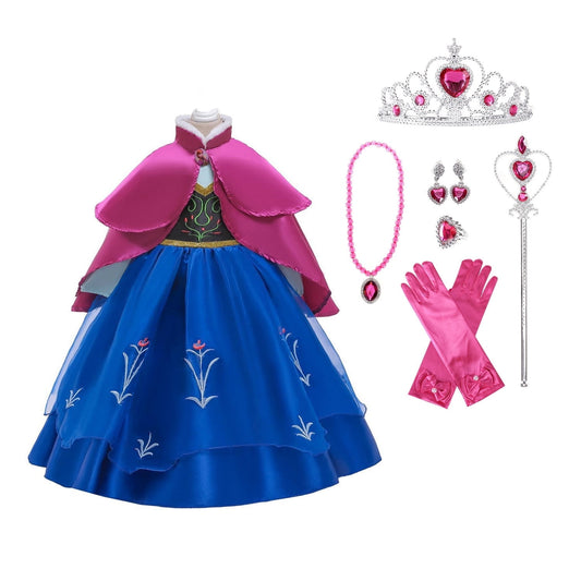 KAWELL Halloween Princess Anna Costume Girls Dress With Cape Birthday Cosplay Dress Up With Accessories