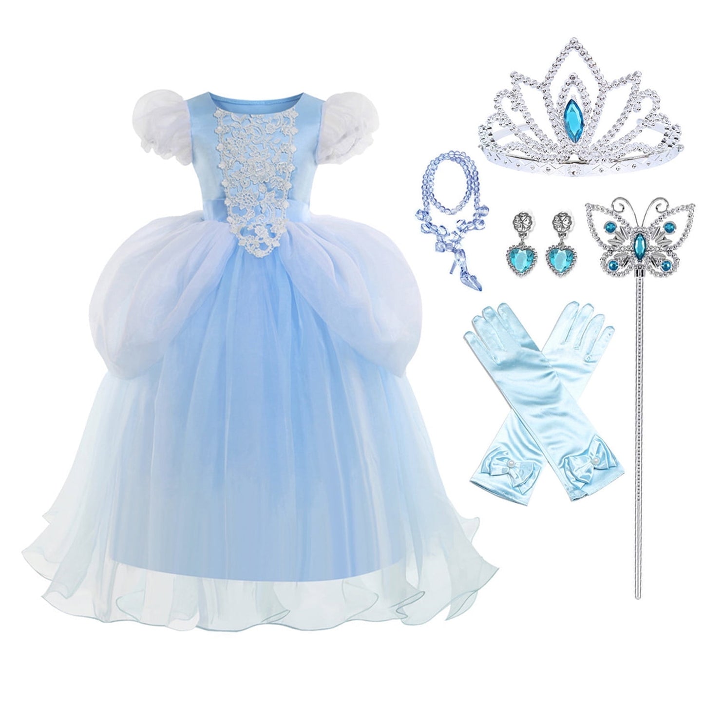 HAWEE Princess Blue Dress for Girls Puffy Sleeve Princess Costume Halloween Cosplay Party Fancy Dress(2-12Y)
