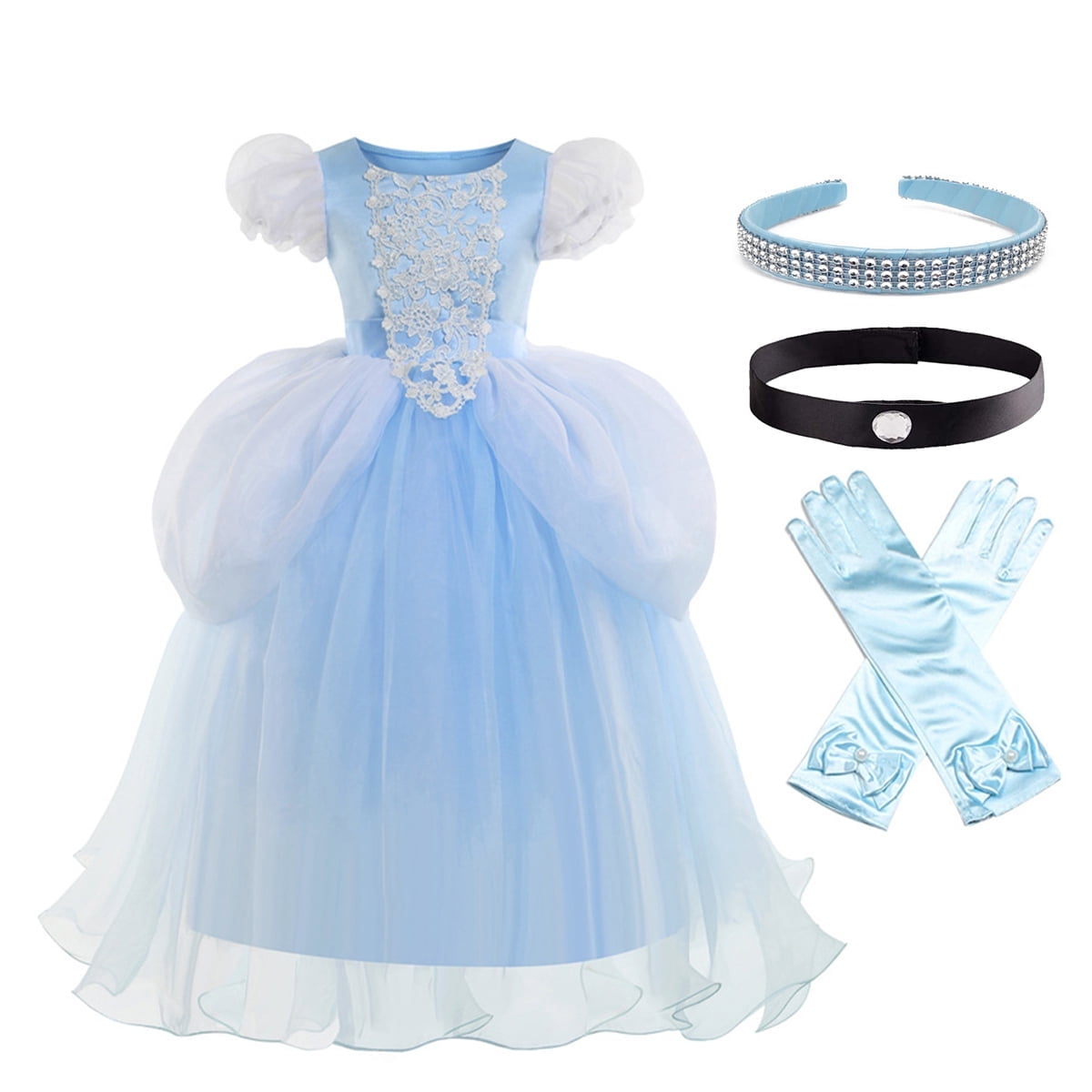 HAWEE Princess Blue Dress for Girls Puffy Sleeve Princess Costume Halloween Cosplay Party Fancy Dress(2-12Y)