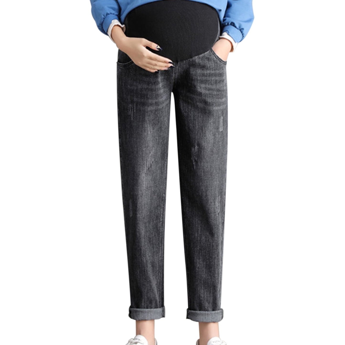 Phenas Women's Maternity Jeans Comfy Plus Size Blue Pregnancy Baggy Ankle Length Jeans