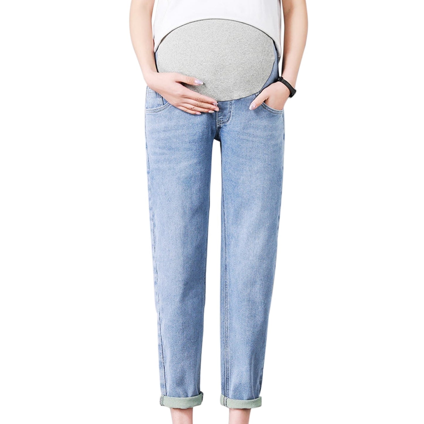 Phenas Women's Maternity Jeans Comfy Plus Size Blue Pregnancy Baggy Ankle Length Jeans
