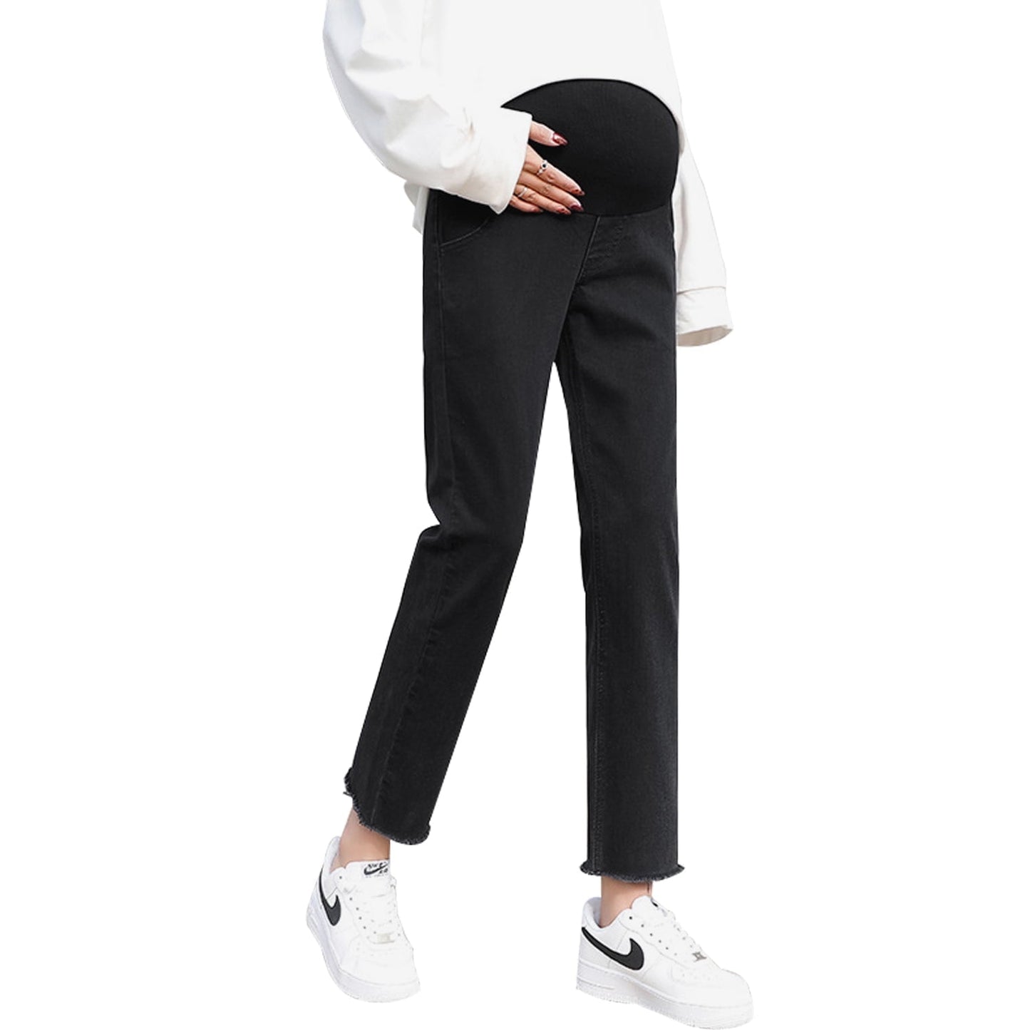 Phenas Women's Maternity Jeans Comfy Plus Size Blue Pregnancy Baggy Ankle Length Jeans