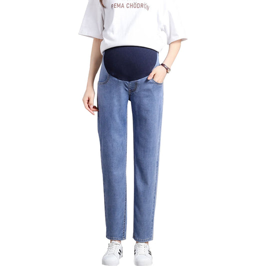 Phenas Women's Maternity Jeans Comfy Plus Size Blue Pregnancy Baggy Ankle Length Jeans