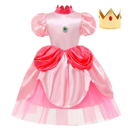 Princess Peach Costume Dress Girls Birthday Party Costume Gift Kids Halloween Party Dress Up With Crown