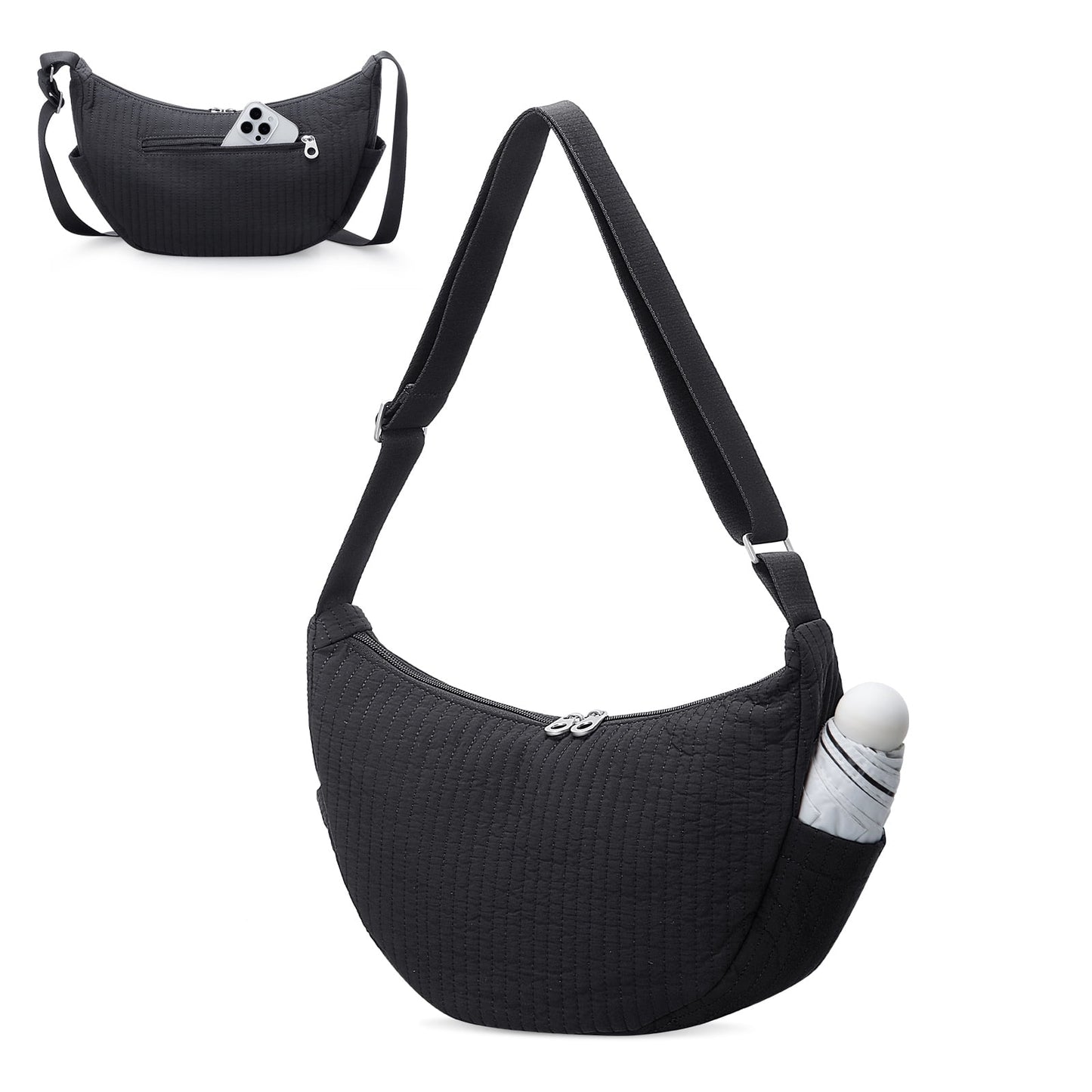 URSOFINE Quilted Puffer Hobo Bag for Women Men - Adjustable Strap Crescent Crossbody Shoulder Bag, Lightweight 2-Zipper Dumpling Casual Handbag with Multiple Pockets (Red)