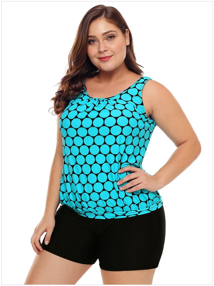 Women's Plus Size Swimwear Tankini Swimdress Two Piece Bathing Suit Tummy Control Swimsuit,Light Blue