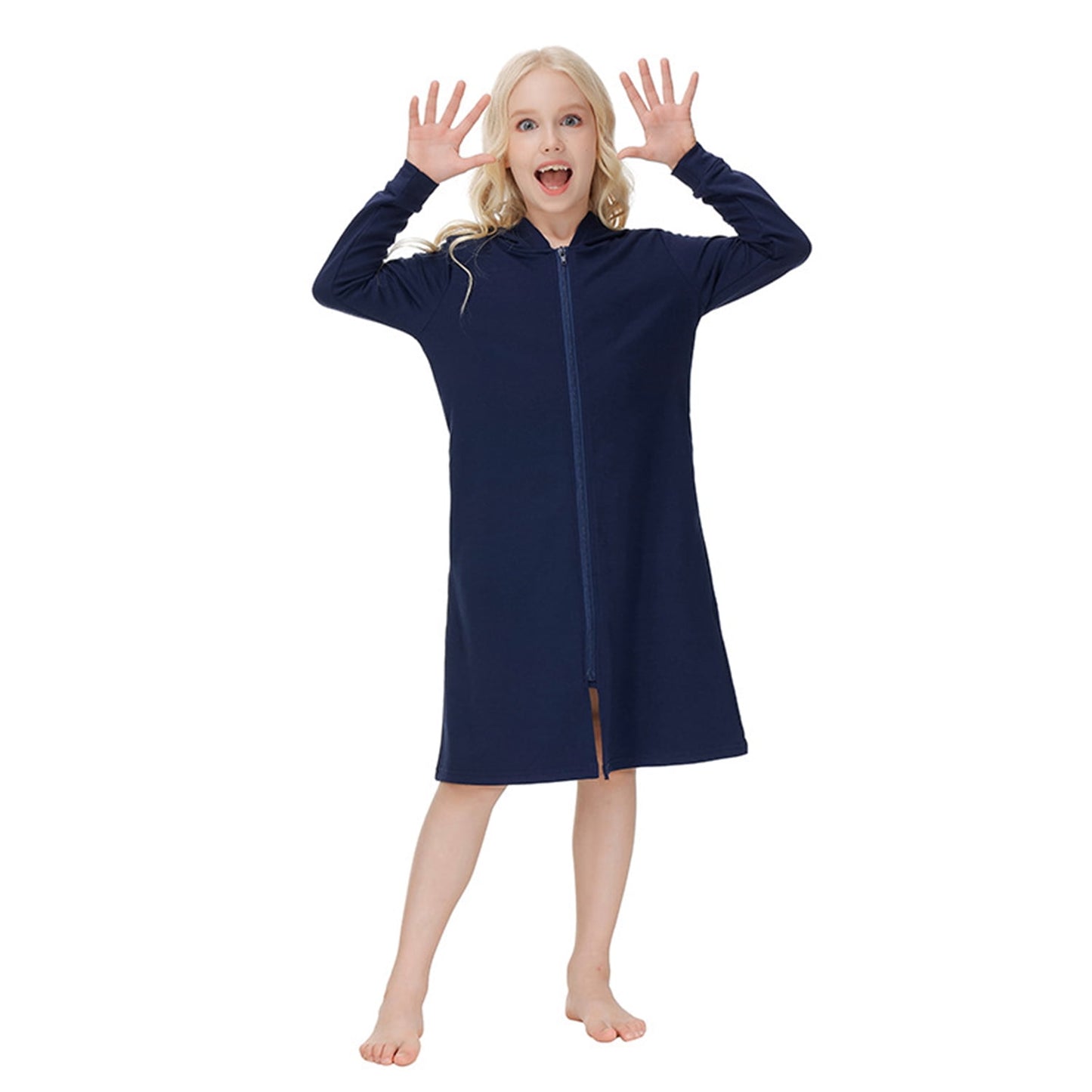 Girls Zipper Front Robes Long Sleeve Hooded Housecoat Long Housedress Loose Bathrobes Comfy Pajama Sleepwear