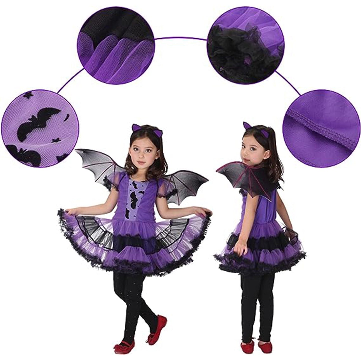 Phenas Girls Bat Vampire Costume Kids Halloween Clothes Animal Cosplay Purple Dress