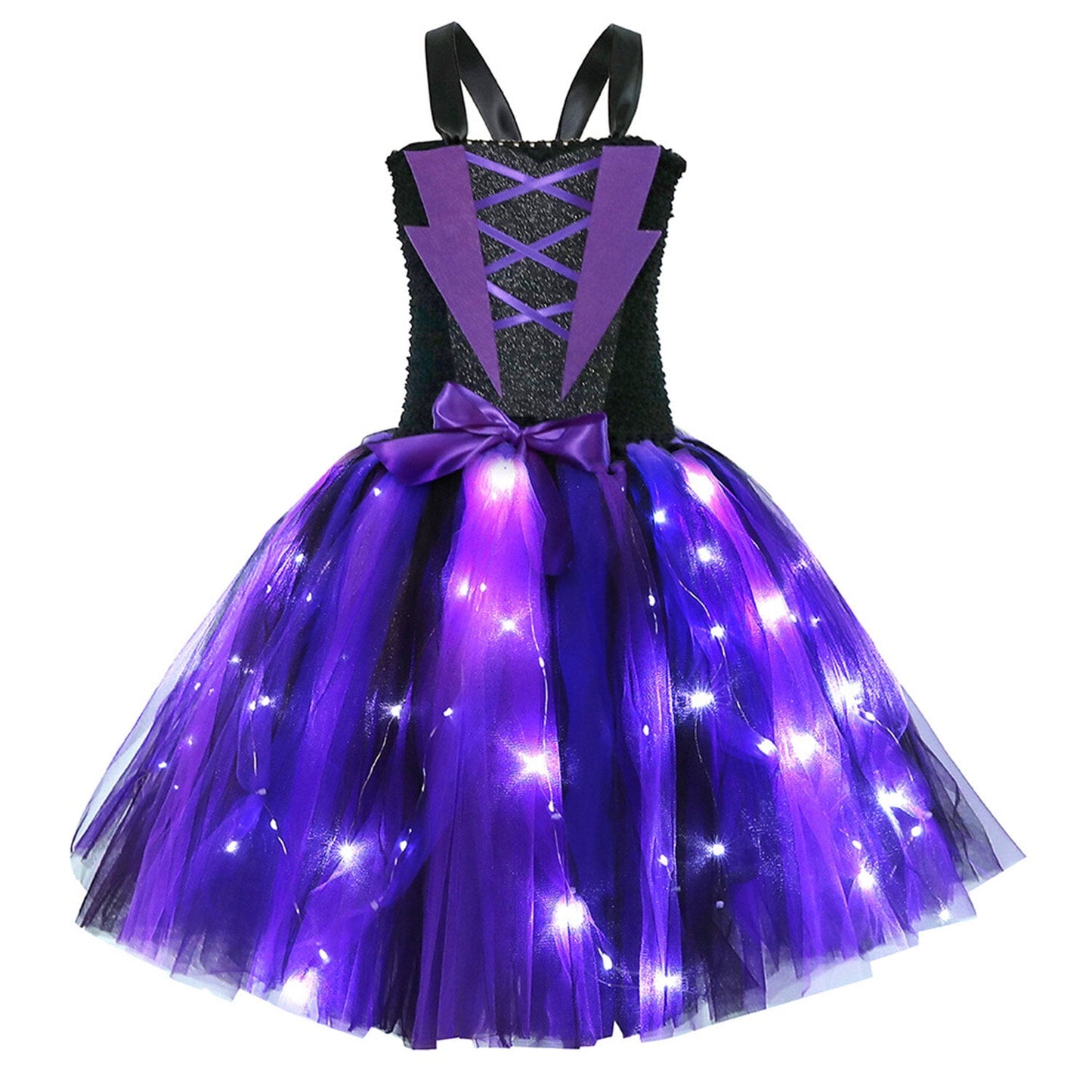 HAWEE Light up Witch Dress Halloween Girls Purple Witch Costume Party Fancy Dress with Hat and Broom