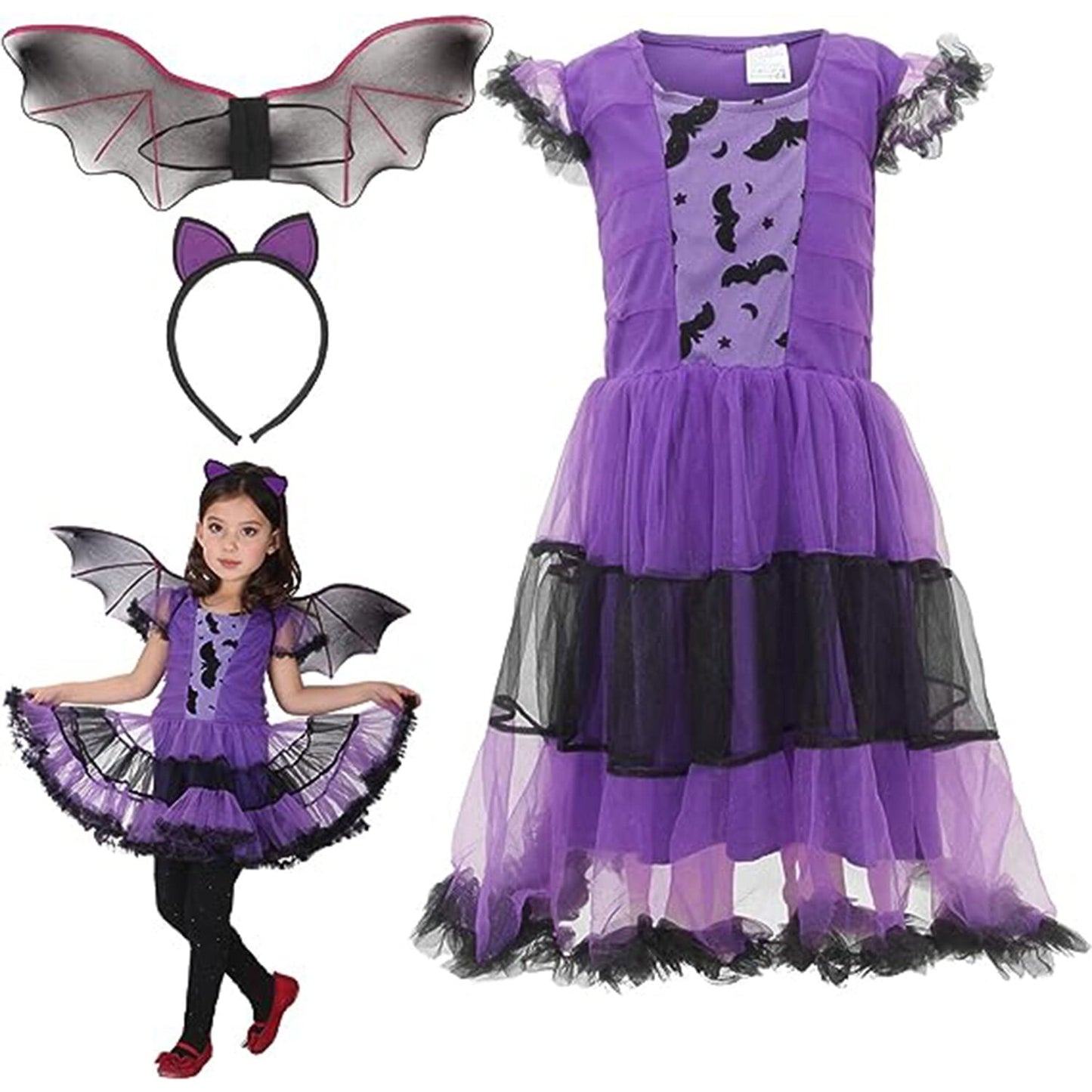 Phenas Girls Bat Vampire Costume Kids Halloween Clothes Animal Cosplay Purple Dress