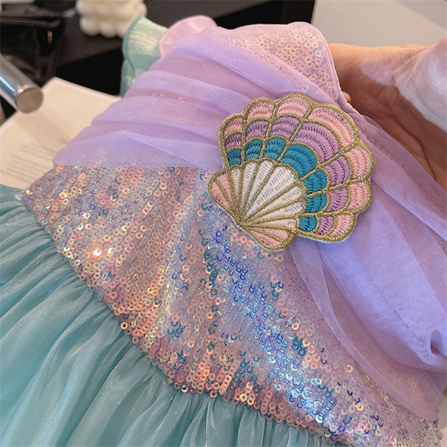 Phenas Little Girl Mermaid Sequins Princess Costume Flutter Sleeves Tank Top Party Dress