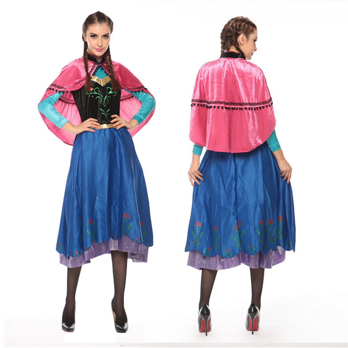 LOEL Cosplay Princess Dress with Blue Cape Masquerade Halloween Gown Anna Deluxe Costume