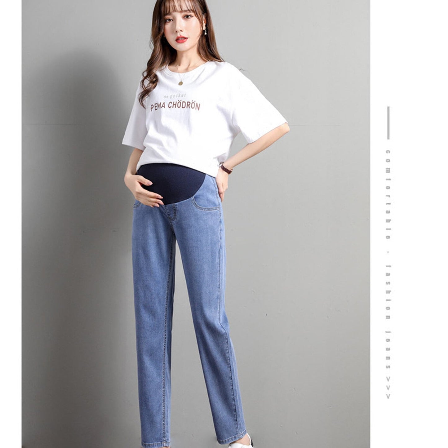 Phenas Women's Maternity Jeans Comfy Plus Size Blue Pregnancy Baggy Ankle Length Jeans