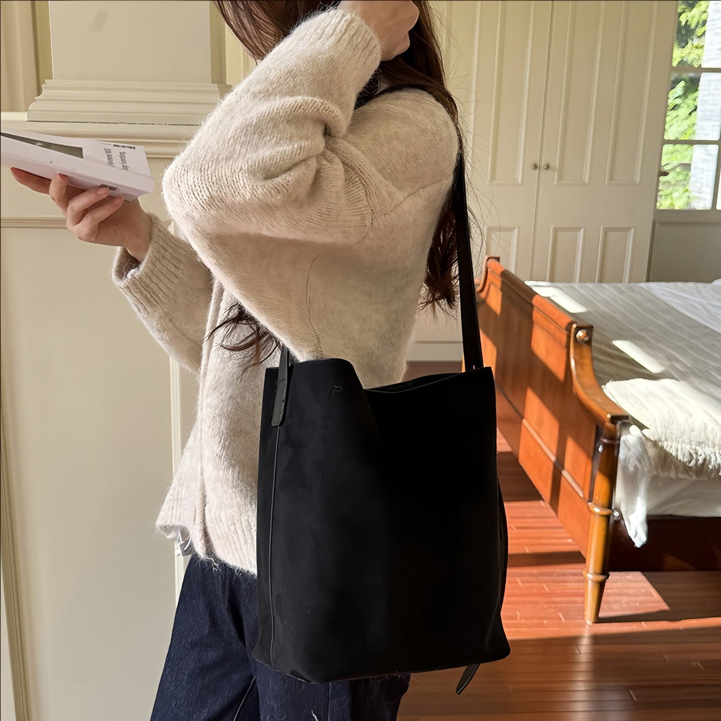 URSOFINE Women’s Trendy Suede Tote Bag Slouchy Shoulder Bags For Women Fall Bucket Underarm Bag Winter Hobo Bag Work Purses Suede Travel Handbag with Adjustable Top Handle 2pcs