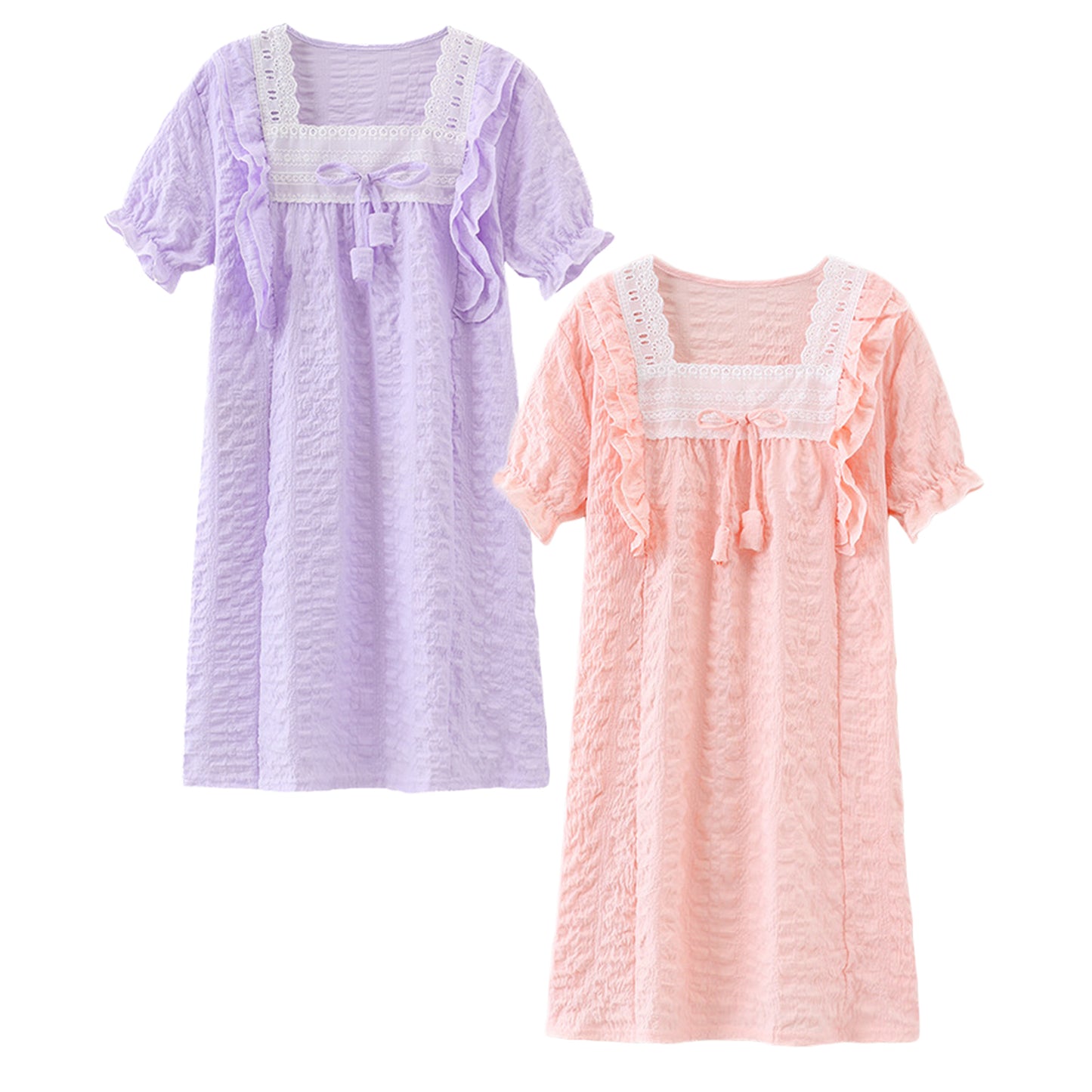 HuaAngel 2 Pieces Girls Short Sleeve Nightgown Square Neck Soft Sleepwear Sizes 5-13
