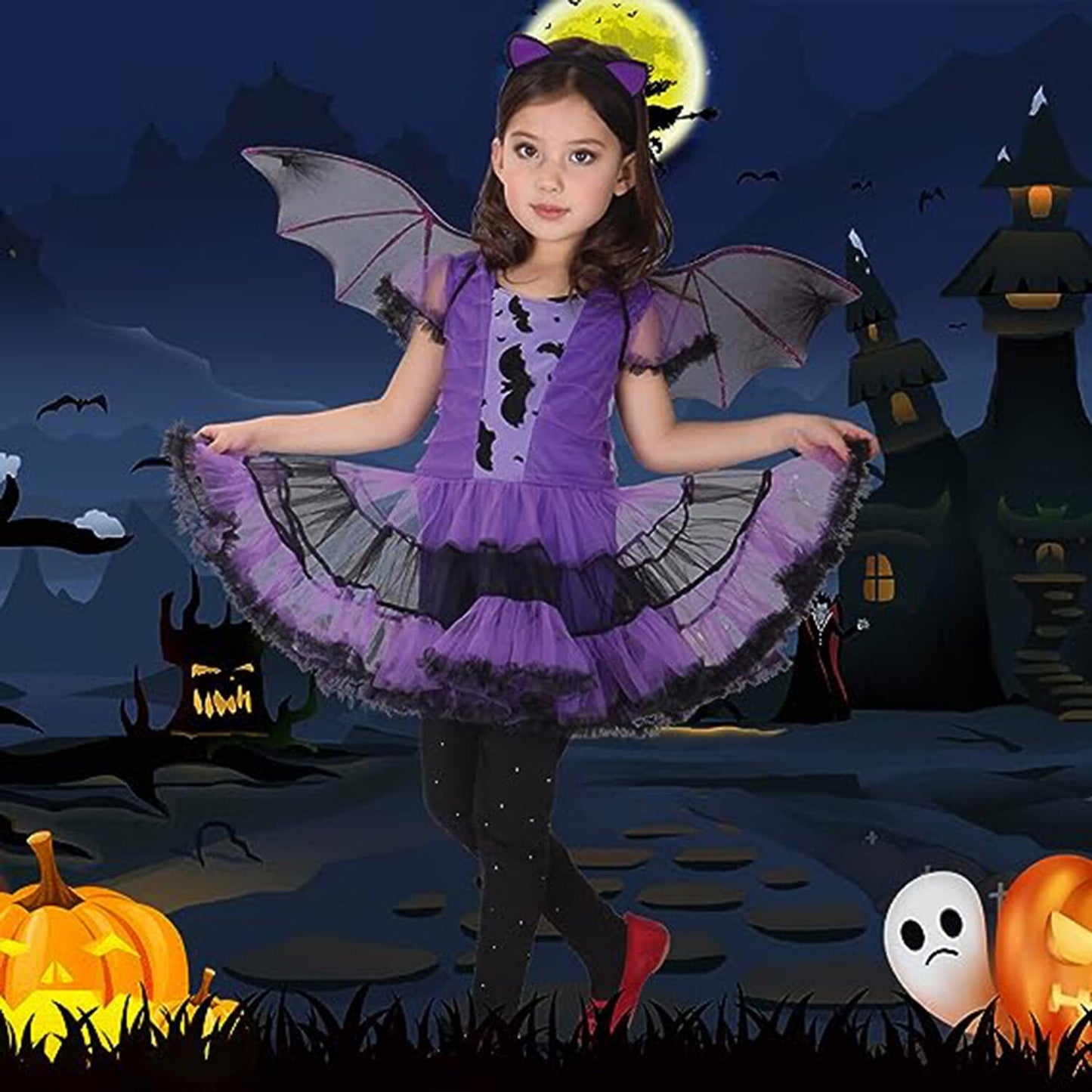 Phenas Girls Bat Vampire Costume Kids Halloween Clothes Animal Cosplay Purple Dress