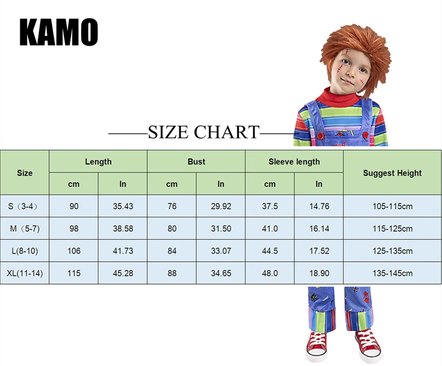 Phenas Kids Haunted Doll Costume,Red & Blue Striped Jumpsuit for Halloween Cosplay Costume