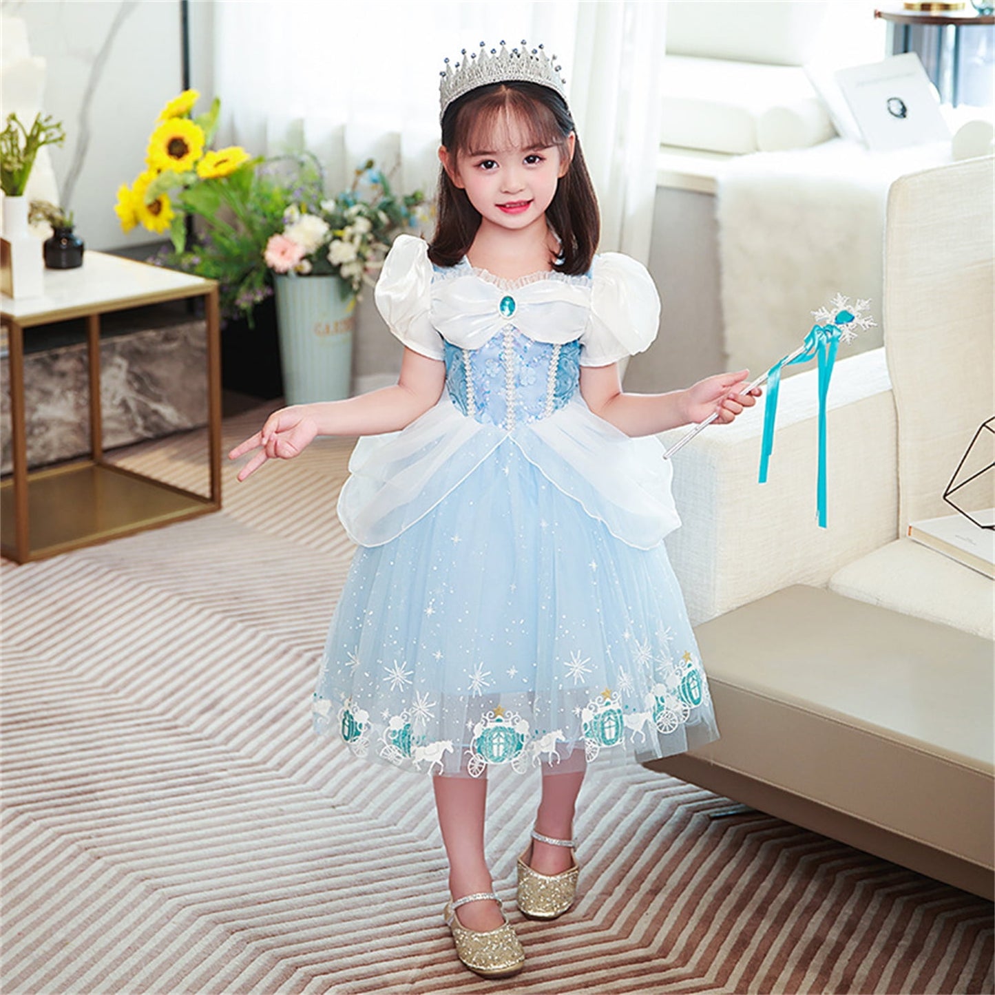LOEL Cinderella Costume Girl Fancy Costume Princess Dress Halloween Party Role Play with Sleeves