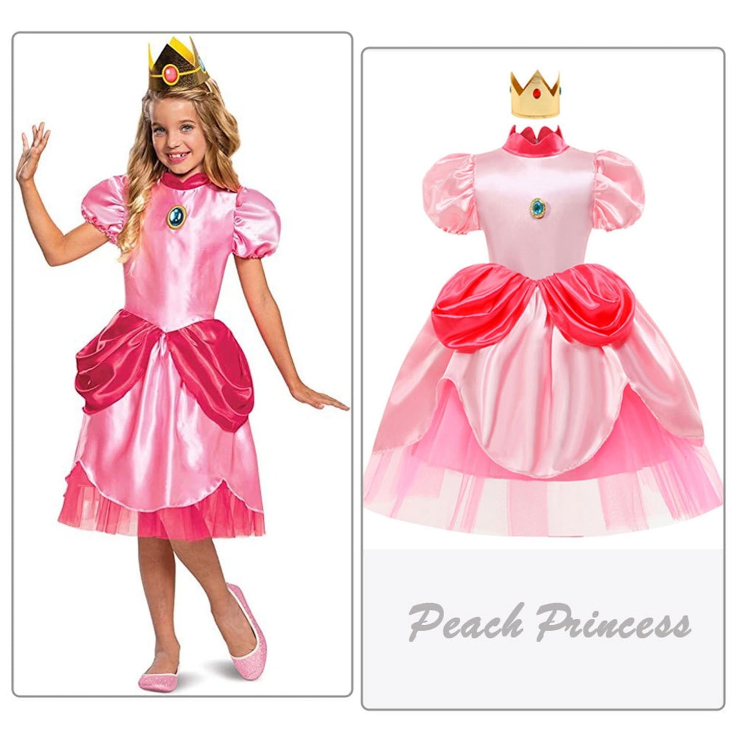 Princess Peach Costume Dress Girls Birthday Party Costume Gift Kids Halloween Party Dress Up With Crown
