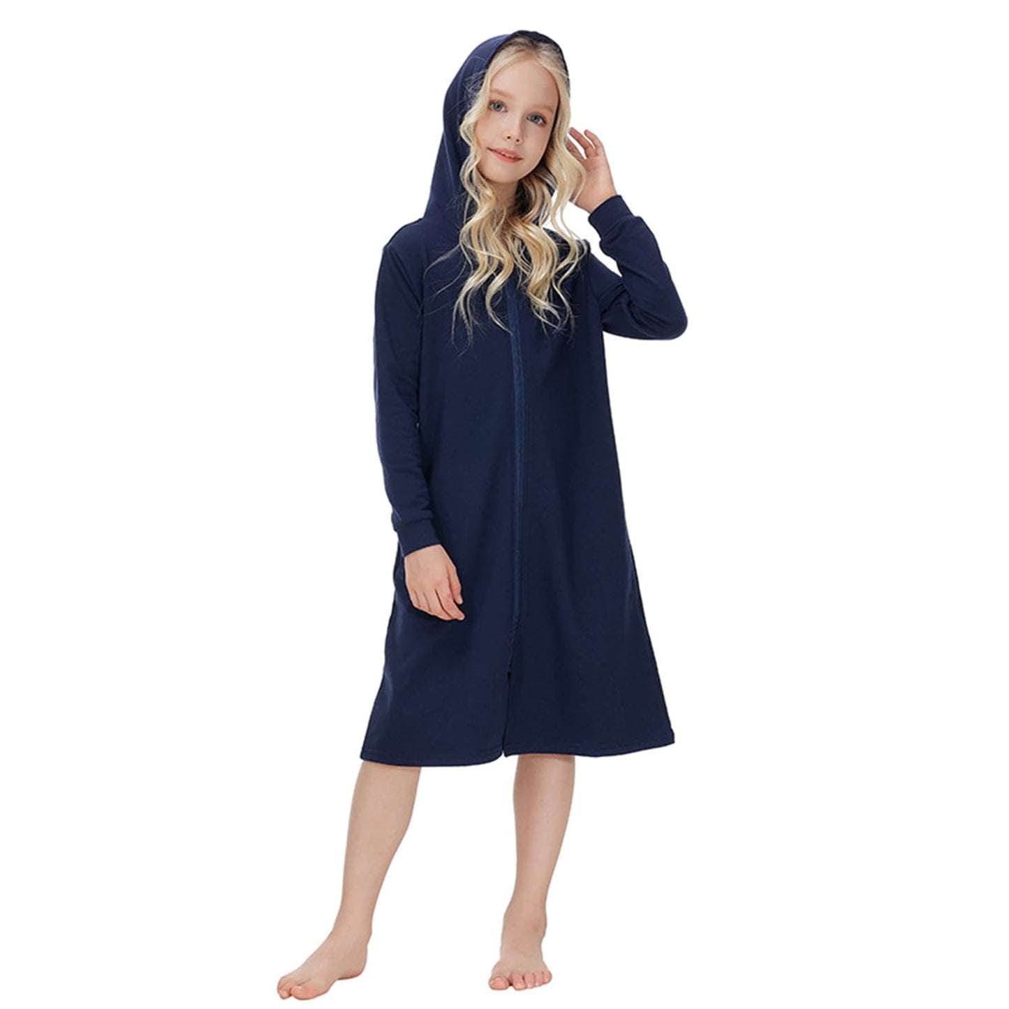 Girls Zipper Front Robes Long Sleeve Hooded Housecoat Long Housedress Loose Bathrobes Comfy Pajama Sleepwear