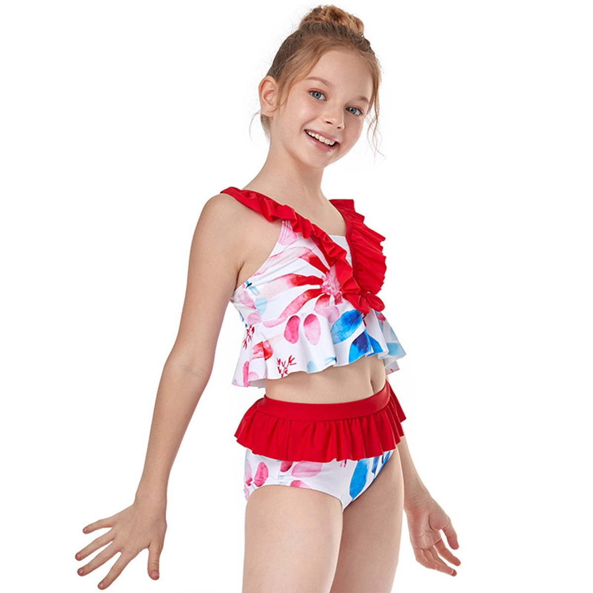 LOEL Girls One Piece Swimsuit Floral Beach Bathing Suit Ruffle Bikini Tankini Kids Cute One Piece Swimwear