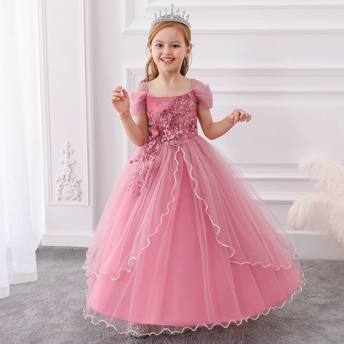 LOEL Flower Girls Embroidery Lace Bridesmaid Dress Beaded Wedding Party Full Length Dance Gown for Girls 4-14 Years