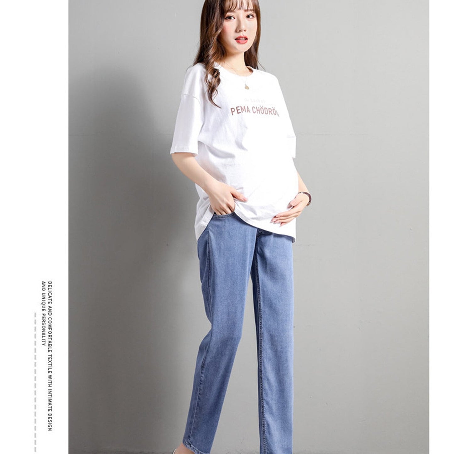 Phenas Women's Maternity Jeans Comfy Plus Size Blue Pregnancy Baggy Ankle Length Jeans