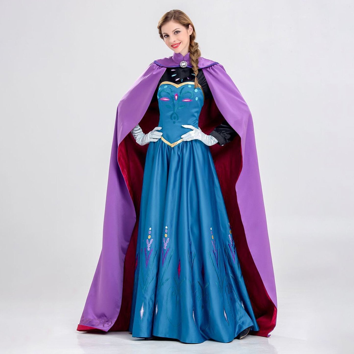 HAWEE Women Princess Costume Cosplay Anna Dress Up Halloween Deluxe Gown Outfit with Cloak, Gloves