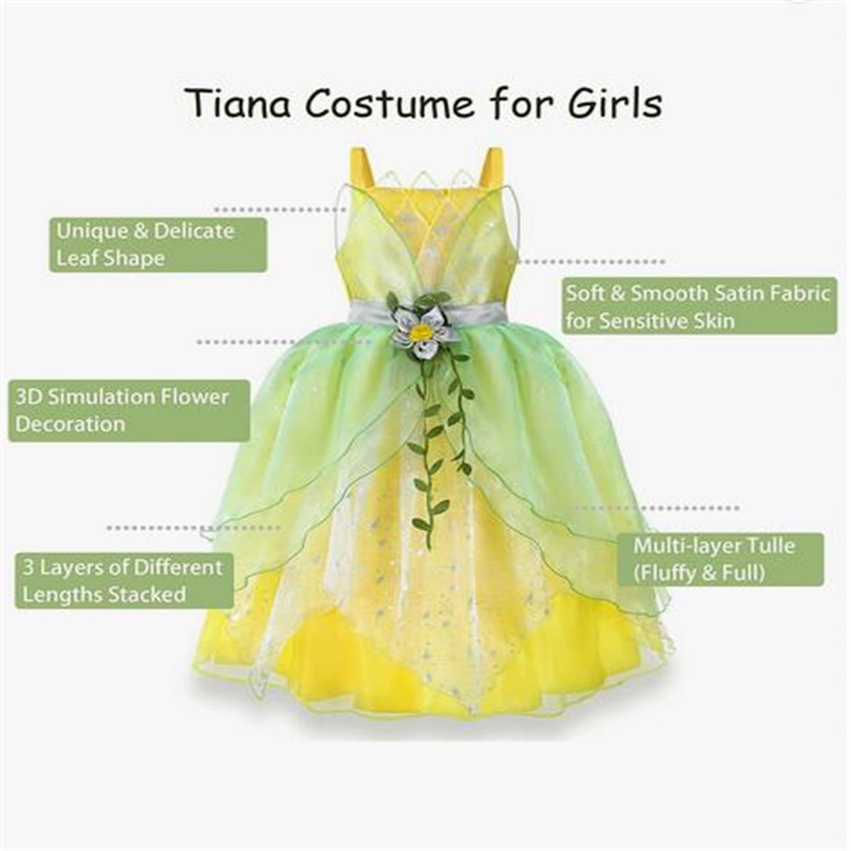 KAWELL Deluxe Princess Tiana Costumes Little Girls Dress Kids Fancy Gown Cosplay Halloween Party