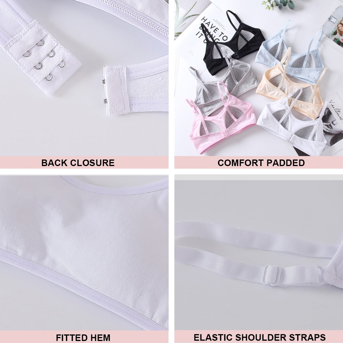 HuaAngel Girls Comfort Flex Fit Bralette 5 Pack Adjustable Straps Fixed Pads Teens Bra Multipack