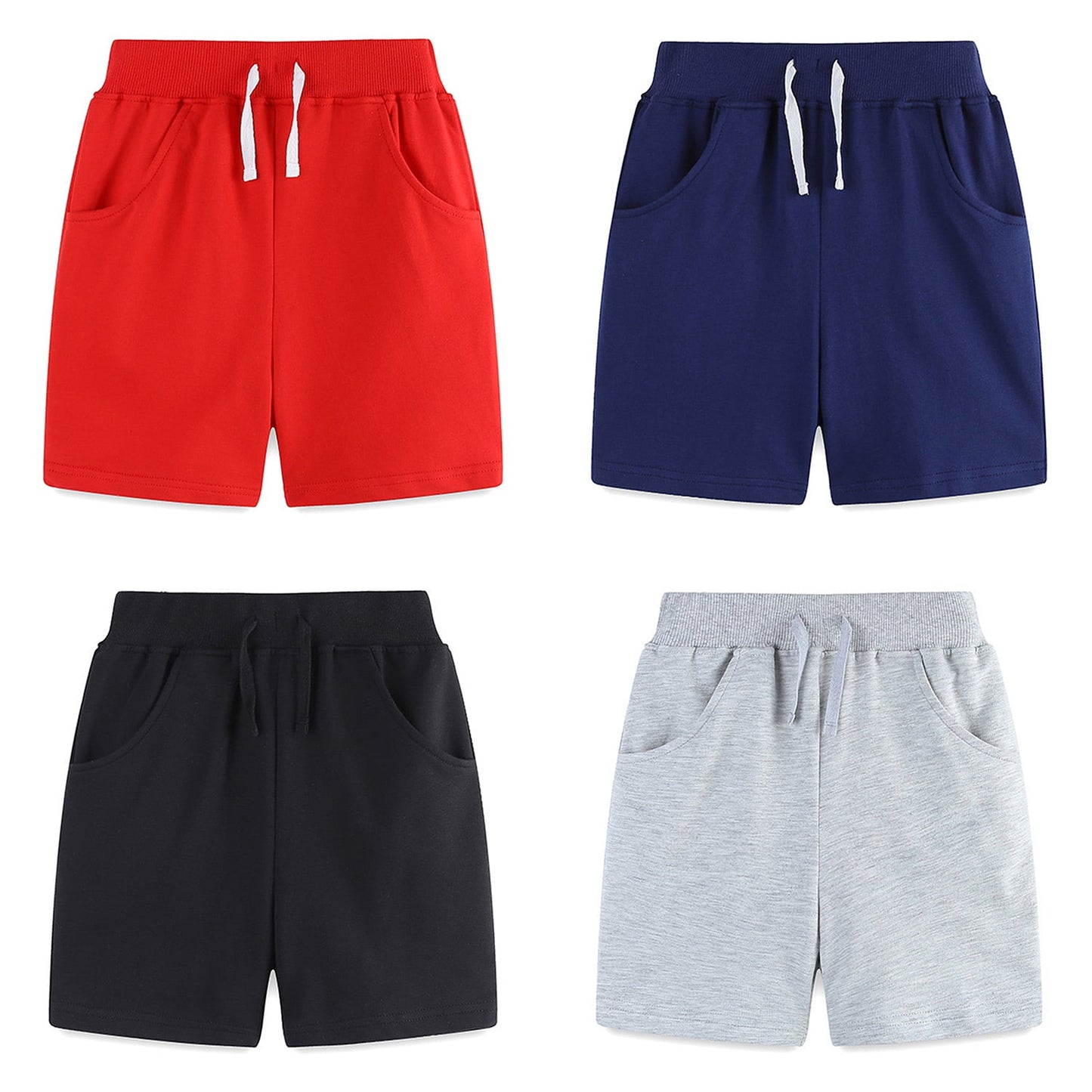 Phenas Toddler Kid Boy Summer 4 Pack Solid Cotton Shorts with Drawstring Pull On Active Jogger Shorts for Boys