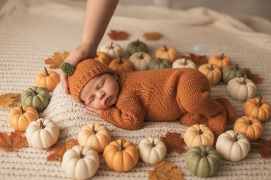 Baby in a knitted pumpkin outfit lying on a blanket with small pumpkins and autumn leaves