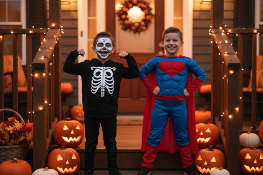 Two boys in skeleton and superhero Halloween costumes posing on a porch with pumpkins