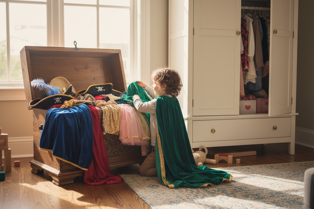 Child picking a cape from a dress-up box full of costumes, tutus, and hats